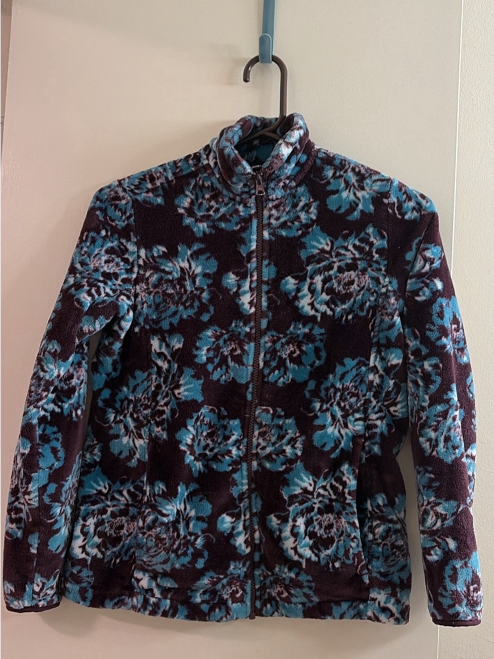 Lands' End Women's Floral Zip-Up Teddy Jacket - Blue on Dark